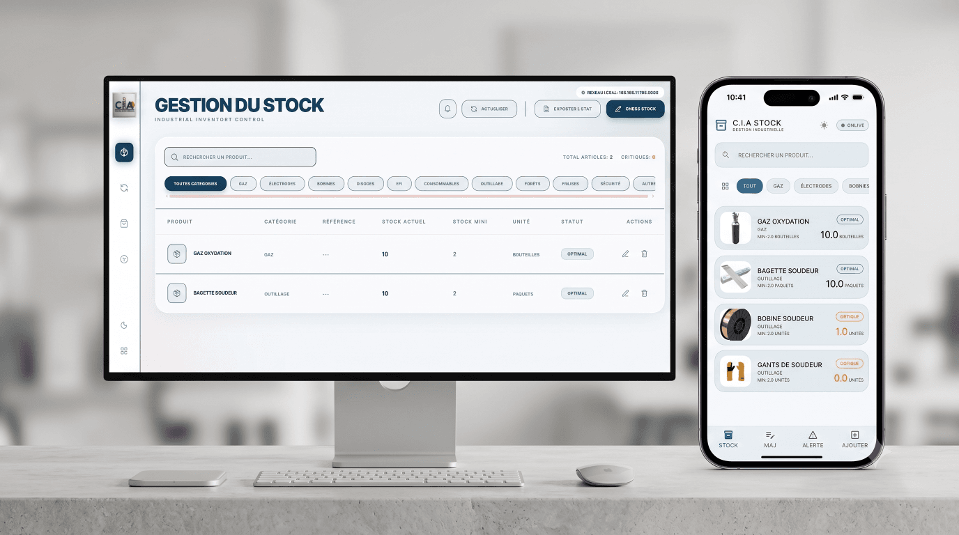 C.I.A STOCK inventory management system shown on desktop and mobile